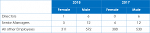 The gender breakdown of Directors, Senior Managers and other Group employees at 31 December 2018